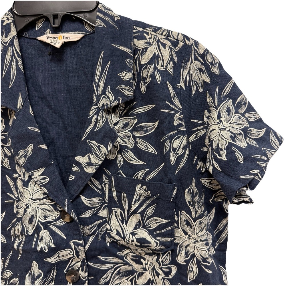 Hang Ten Hawaiian Shirt Women's XS Blue Floral Linen Rayon Short Sleeve Button